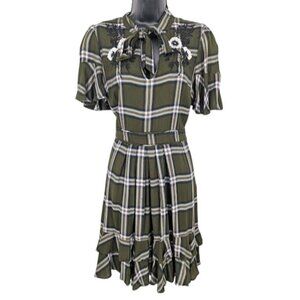 Ranna Gill Plaid Tie Neck Dress Tiered Ruffle Academia Cottagecore Floral Size S